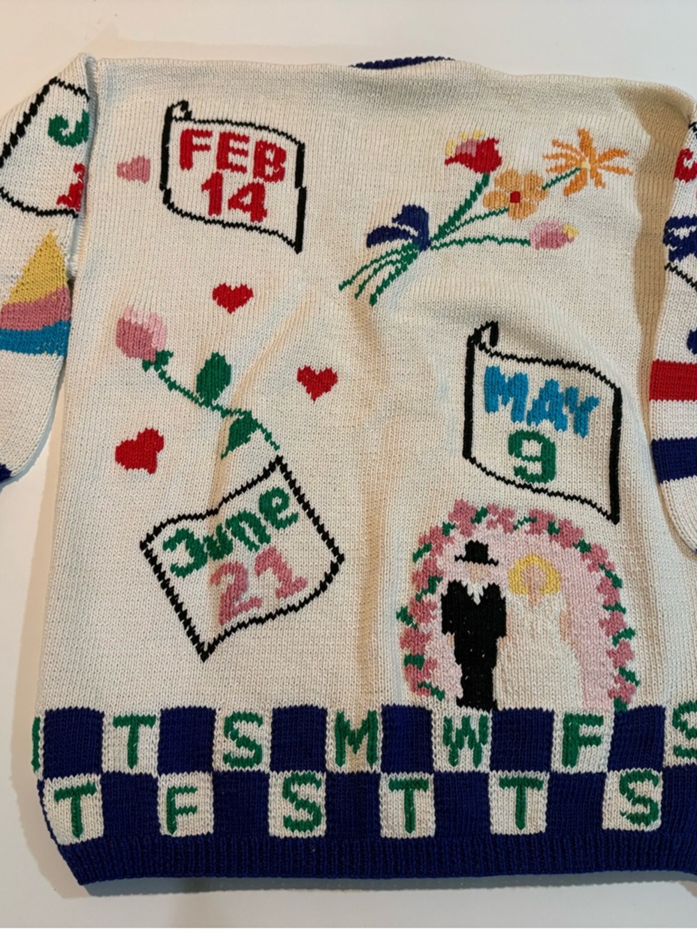 VINTAGE | Hand-Knit Holiday Calendar Cardigan - Cream with Navy Trim - Picture 8 of 12